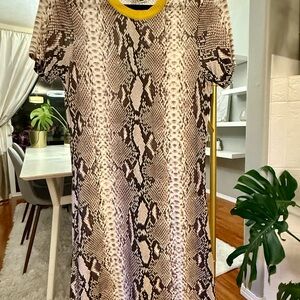 Carven Brown and Cream Snake Print Dress with Yellow Trim